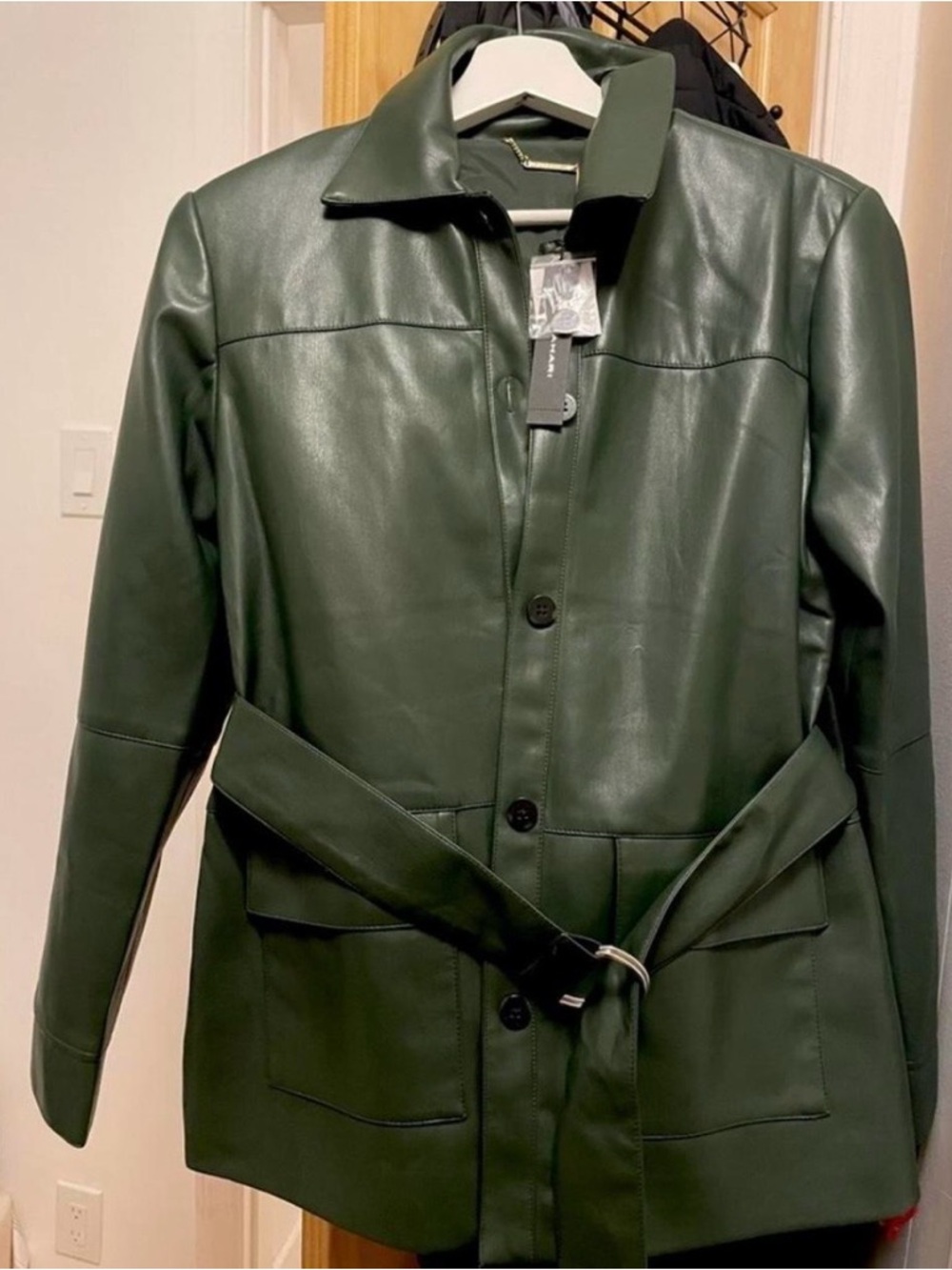 Tahari Dark Green Faux Leather Belted Jacket